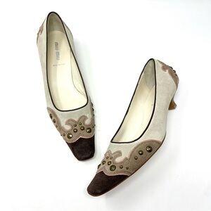 Vintage Miu Miu Y2K Western Suede Kitten Low Heels Pumps Beige Brown Pink 37 7